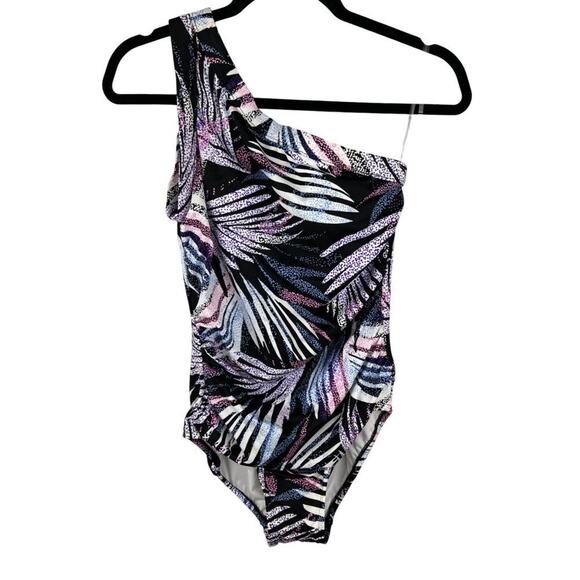 Women's Swim Solutions Black Printed Tummy Control One Shoulder Swimsuit 8 - Picture 3 of 7